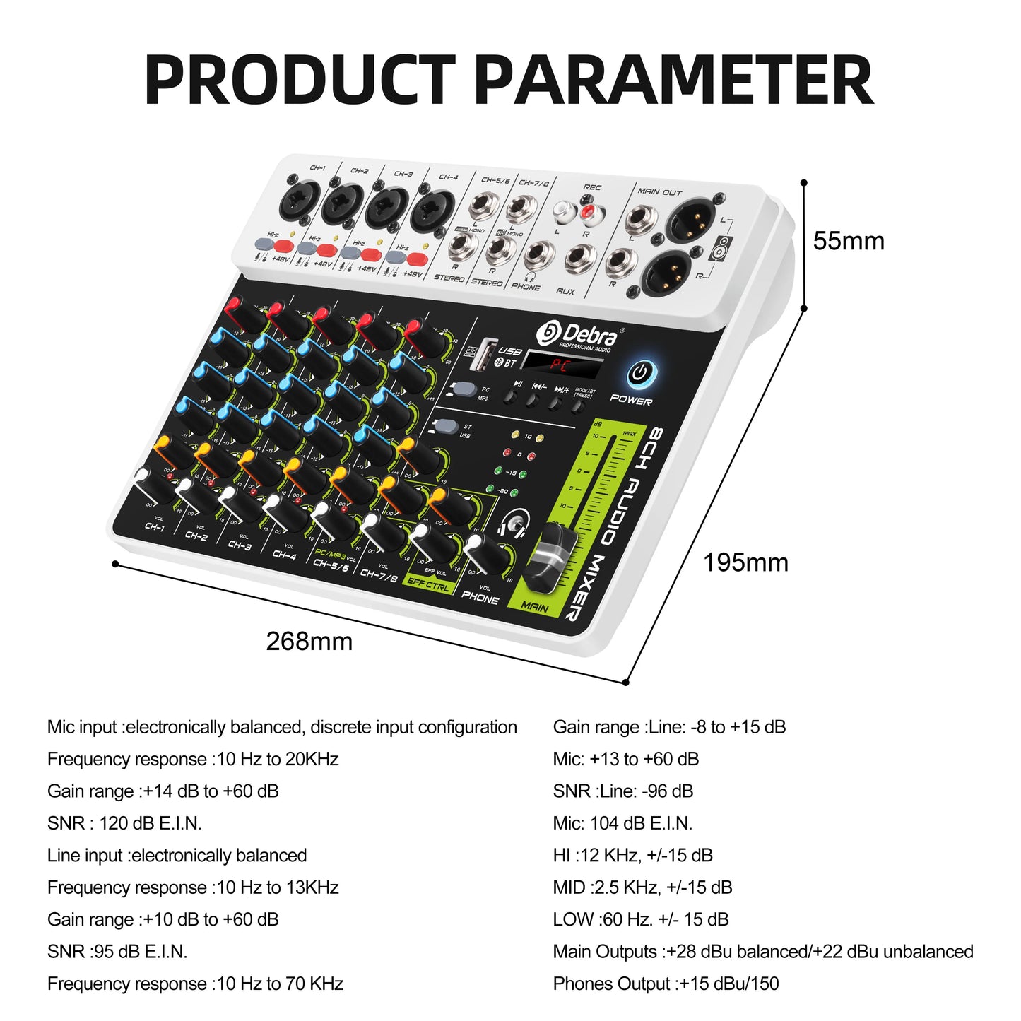 Debra V8 8-Channel Audio Mixer – Bluetooth & USB Mixer with 48V Phantom Power, Delay/Repeat Effects for PC Recording & Sound Console