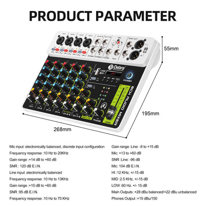 Debra V8 8-Channel Audio Mixer – Bluetooth & USB Mixer with 48V Phantom Power, Delay/Repeat Effects for PC Recording & Sound Console