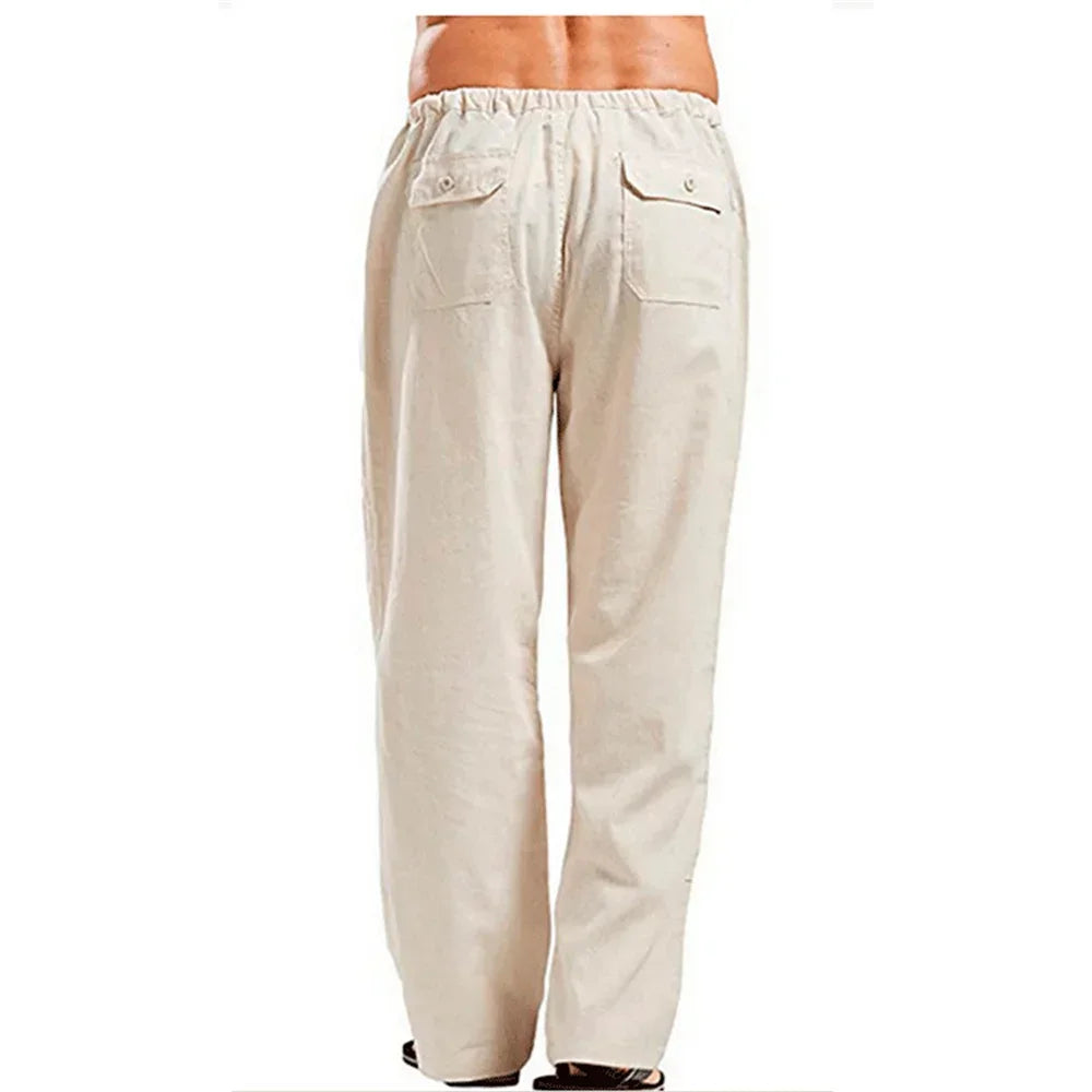 Men's Cotton Linen Pants – Summer Breathable Solid Color Casual Trousers with Elastic Waist