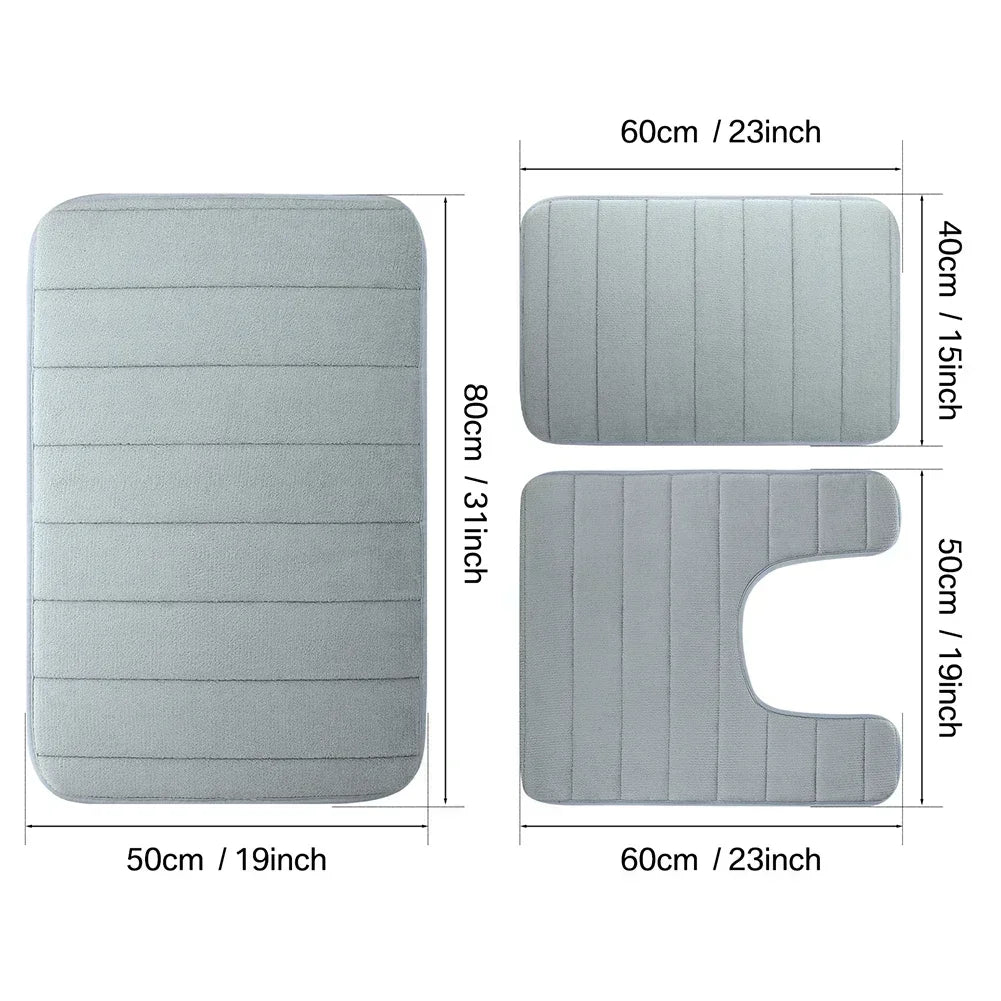 Non-Slip Grey Memory Foam Bath Mat Set – Soft, Water Absorbent, Quick-Drying, Machine Washable Bathroom Rugs for Home Floor