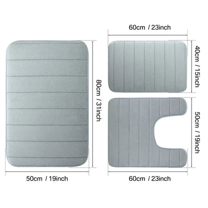 Non-Slip Grey Memory Foam Bath Mat Set – Soft, Water Absorbent, Quick-Drying, Machine Washable Bathroom Rugs for Home Floor