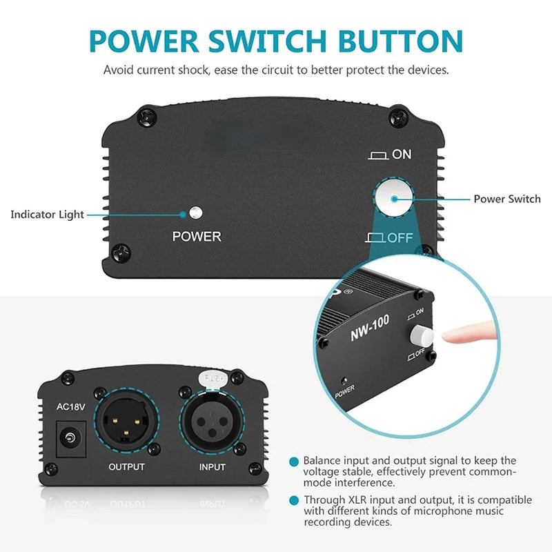 48V Phantom Power Supply Kit - XLR 3-Pin Microphone Cable & Adapter for Condenser Recording Mics