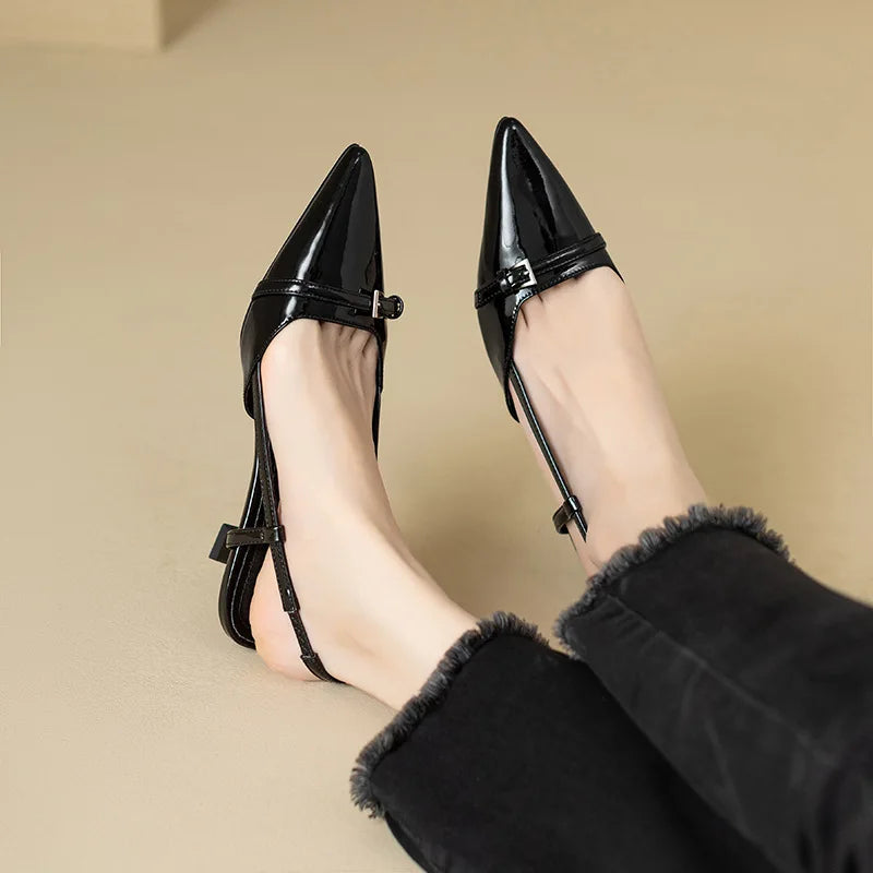 2024 Summer French Wine Red Pointed Patent Leather Mid-Heel Sandals for Women - Retro Skinny Heel