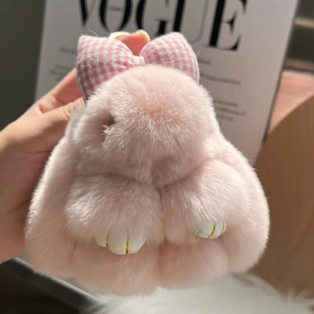 Cute Fluffy Bunny Fur Keychain – Plush Pom Pom Bag Charm and Car Key Ring with Hair Bow