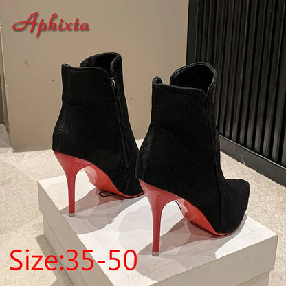 Women’s 10cm Stiletto Ankle Boots - Warm Winter Zip Heels in Black & Red Sizes 47-50