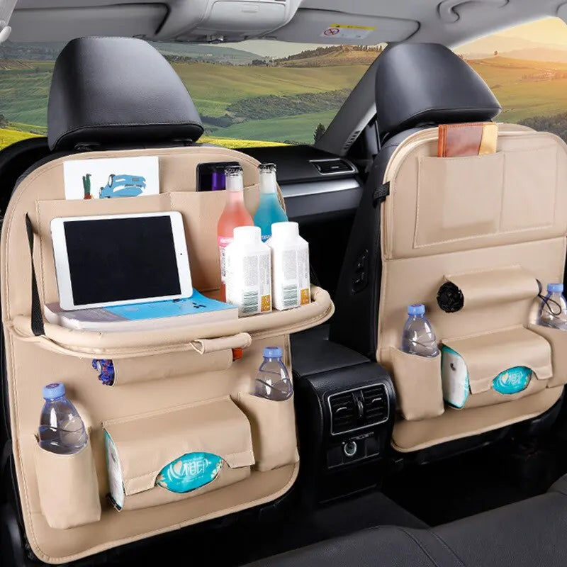 Car Seat Back Organizer with Foldable Table Tray – PU Leather Storage Organizer with Pockets & Kick Mats