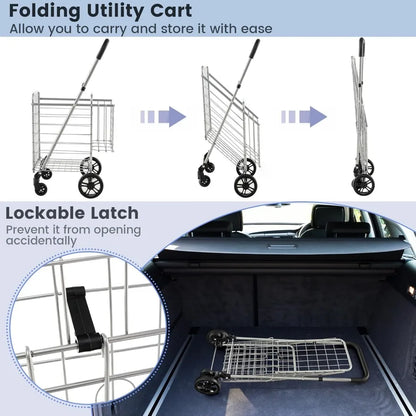 Folding Shopping Trolley with Double Basket, 360° Rotating Wheels & Adjustable Handles - Perfect for Luggage & Travel