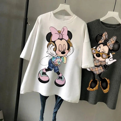 Disney Kawaii Oversized Cotton T-Shirt - Vintage 90s Mickey and Minnie Cartoon Top for Women - Y2K Ulzzang Fashion