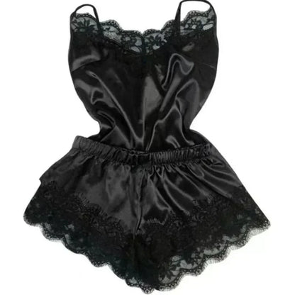 Women’s Summer Lace Silk Pajama Set – Sexy Cami Top & Shorts Sleepwear Lingerie Comfortable Soft Casual Nightwear Pijamas