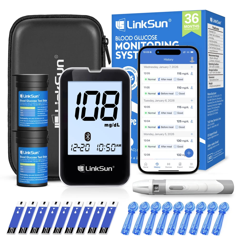LinkSun G-427B Bluetooth Blood Glucose Meter Kit - Digital Diabetes Monitor with Large Display and 50 or 100 Test Strips