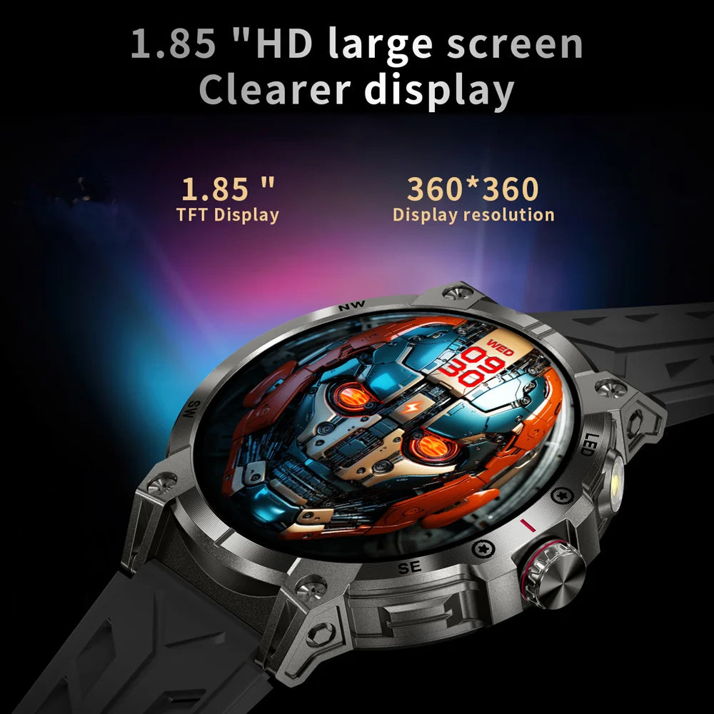 Military Smartwatch for Men – 760mAh Battery, LED Flashlight, Compass, 1.8" HD Screen, Heart Rate, Waterproof, BT Call