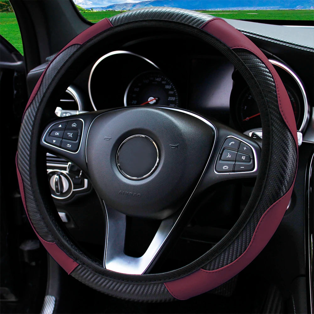 PU Carbon Fiber Leather Steering Wheel Cover — No Inner Ring, Fits 14.5-15 Inch Cars