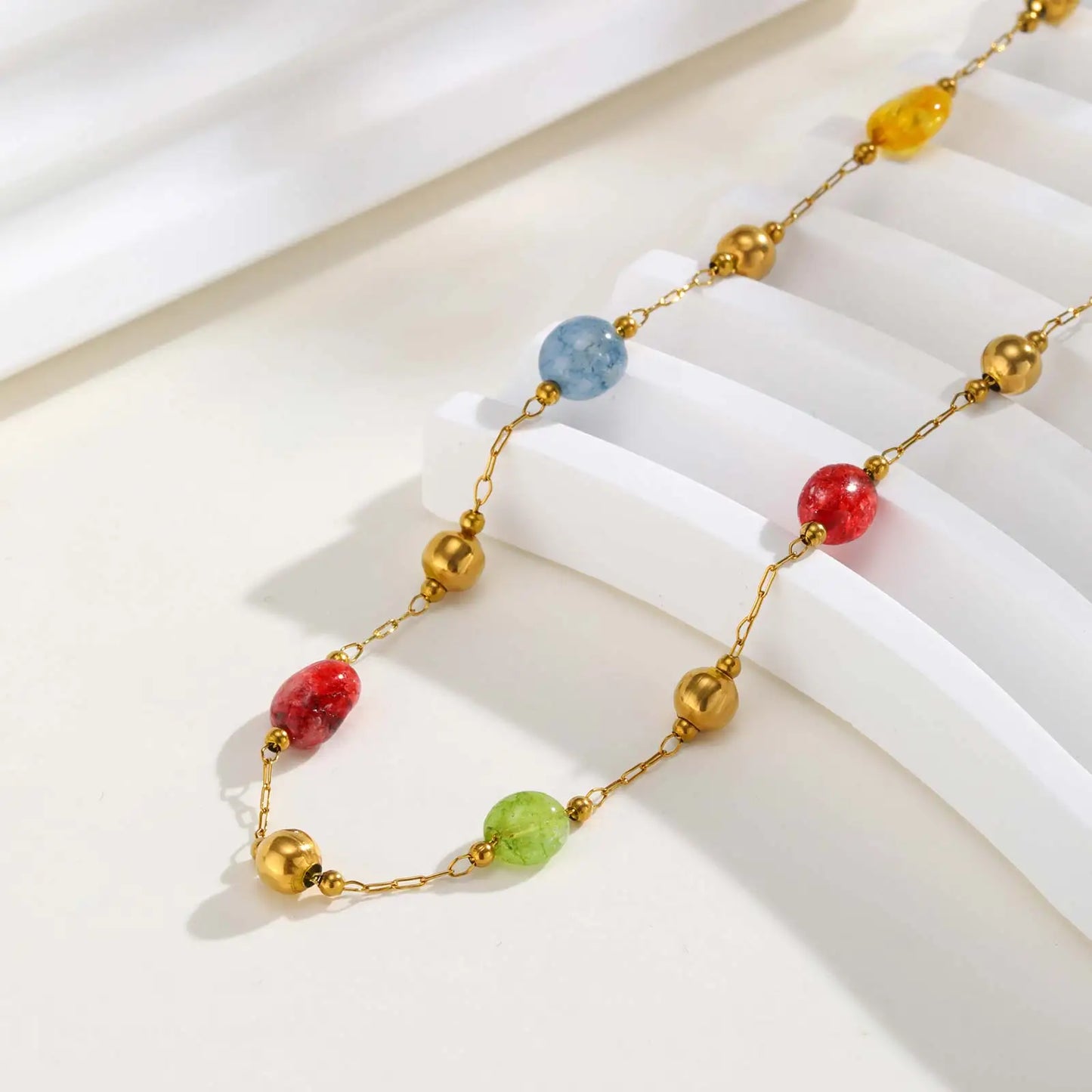 Colorful Rainbow Stone Boho Necklace - Stainless Steel Beaded Y-Shaped Chain Jewelry for Women’s Fashion Style