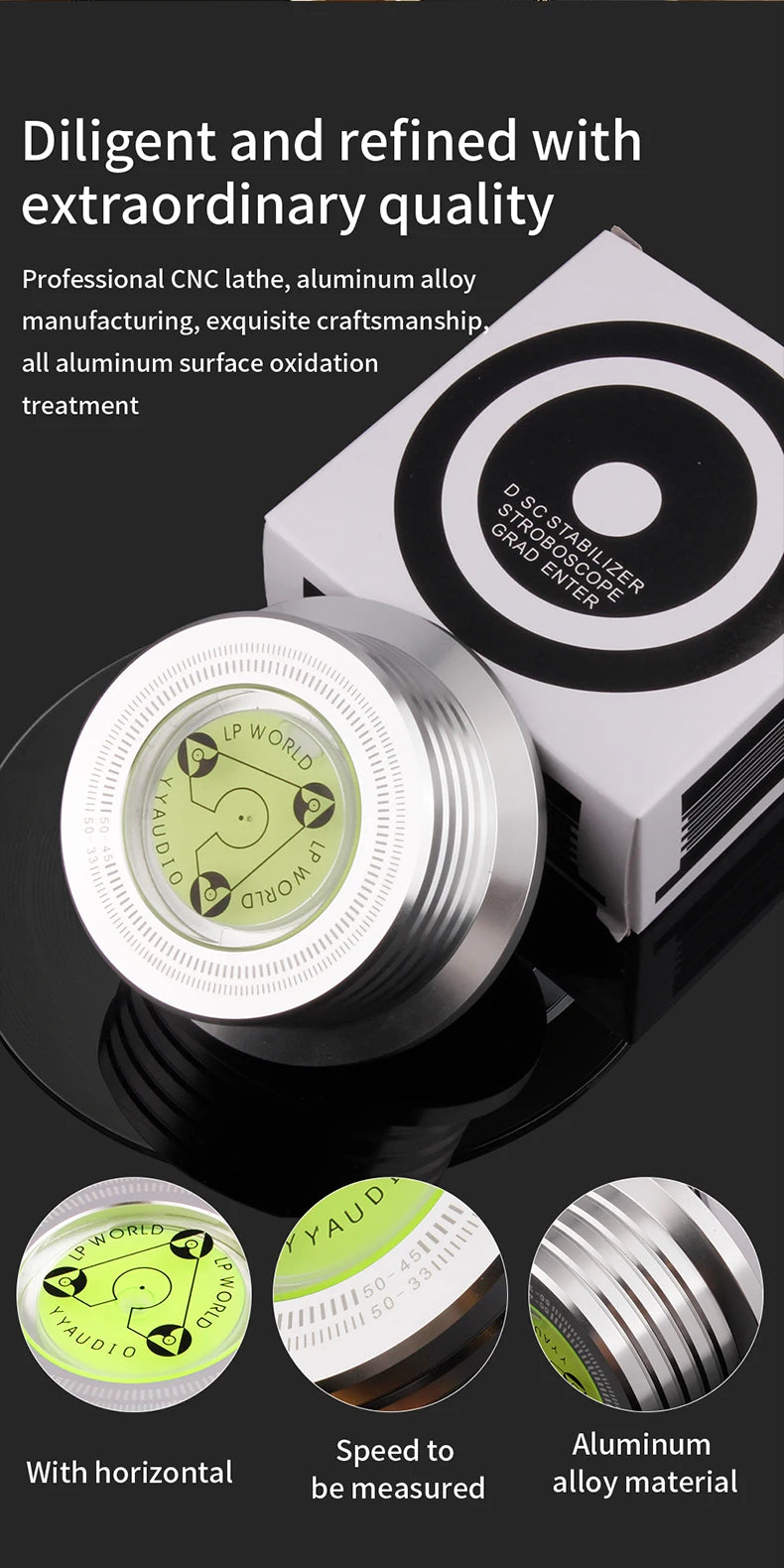 YYAUDIO Universal 50Hz LP Vinyl Record Stabilizer — Aluminum Alloy Turntable Weight Clamp with Level for Music Players