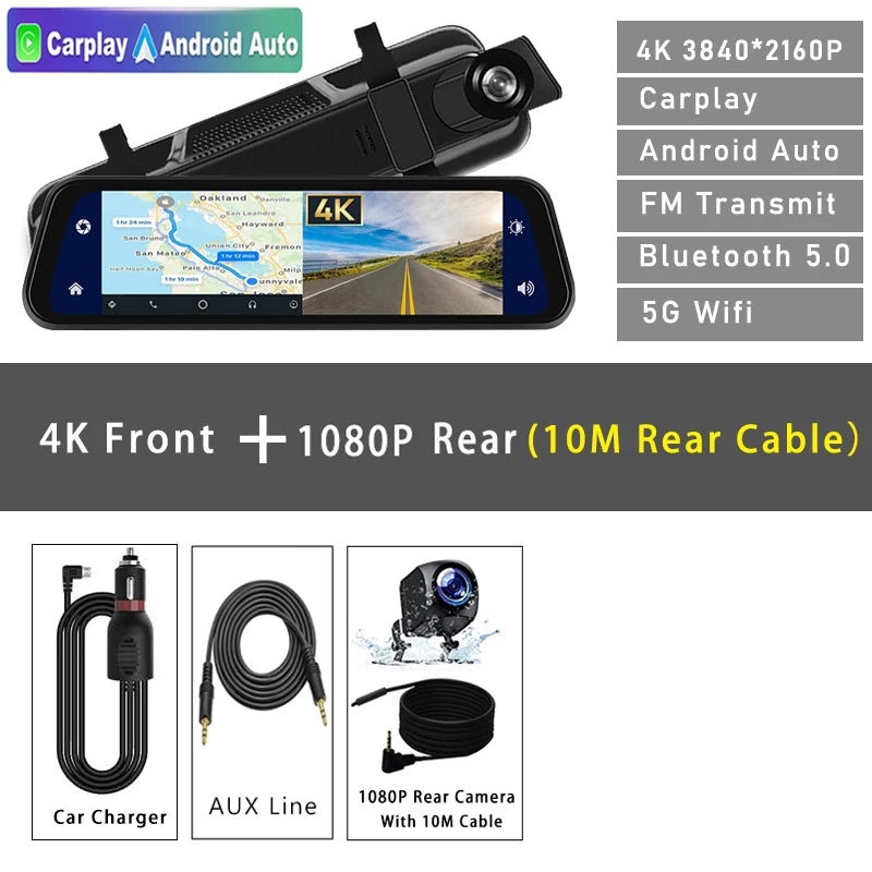 4K 2160P Dash Cam – Car DVR with CarPlay, Android Auto, Rearview Mirror Streaming, GPS, 5G WiFi, FM Radio, AUX