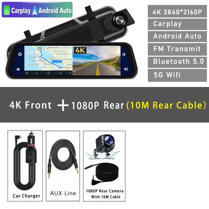 4K 2160P Dash Cam – Car DVR with CarPlay, Android Auto, Rearview Mirror Streaming, GPS, 5G WiFi, FM Radio, AUX