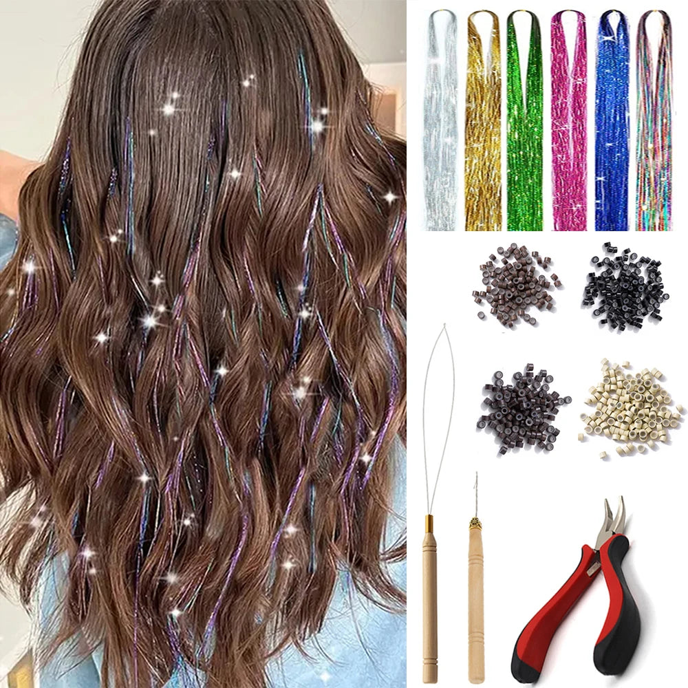 48-Inch Hair Tinsel Kit – 1200 Strands, 12 Colors Sparkling Fairy Hair Extensions with Tool