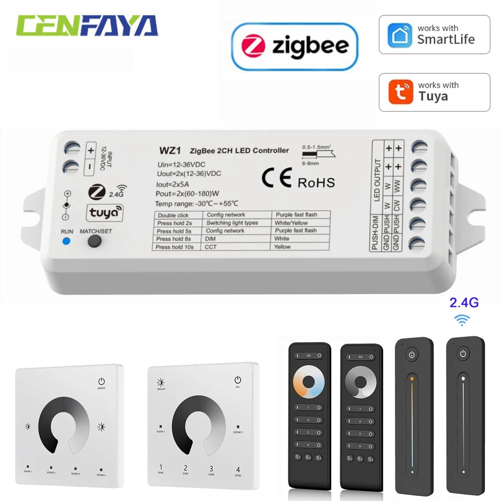CENFAYA ZigBee & RF 2CH LED Controller - Smart DC 12V/24V Dimmer for CCT LED Strips with Remote Control