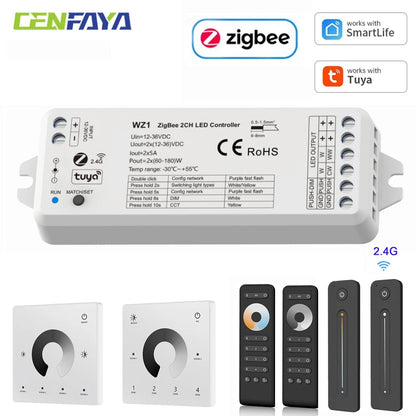 CENFAYA ZigBee & RF 2CH LED Controller - Smart DC 12V/24V Dimmer for CCT LED Strips with Remote Control