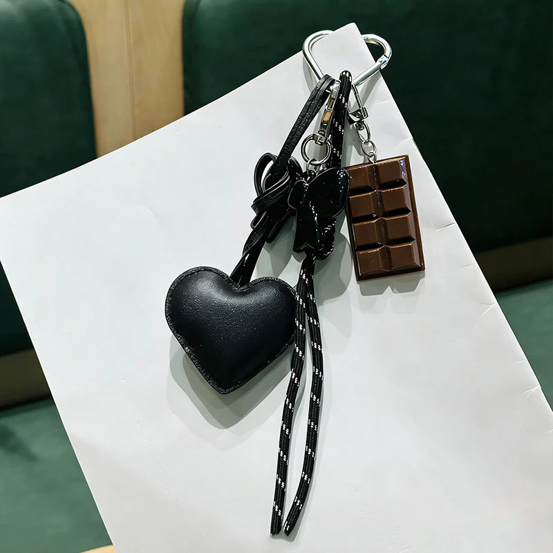 Kawaii Heart Leather Keychain - Trendy Chocolate Pendant Bag Charm Decorative Accessory