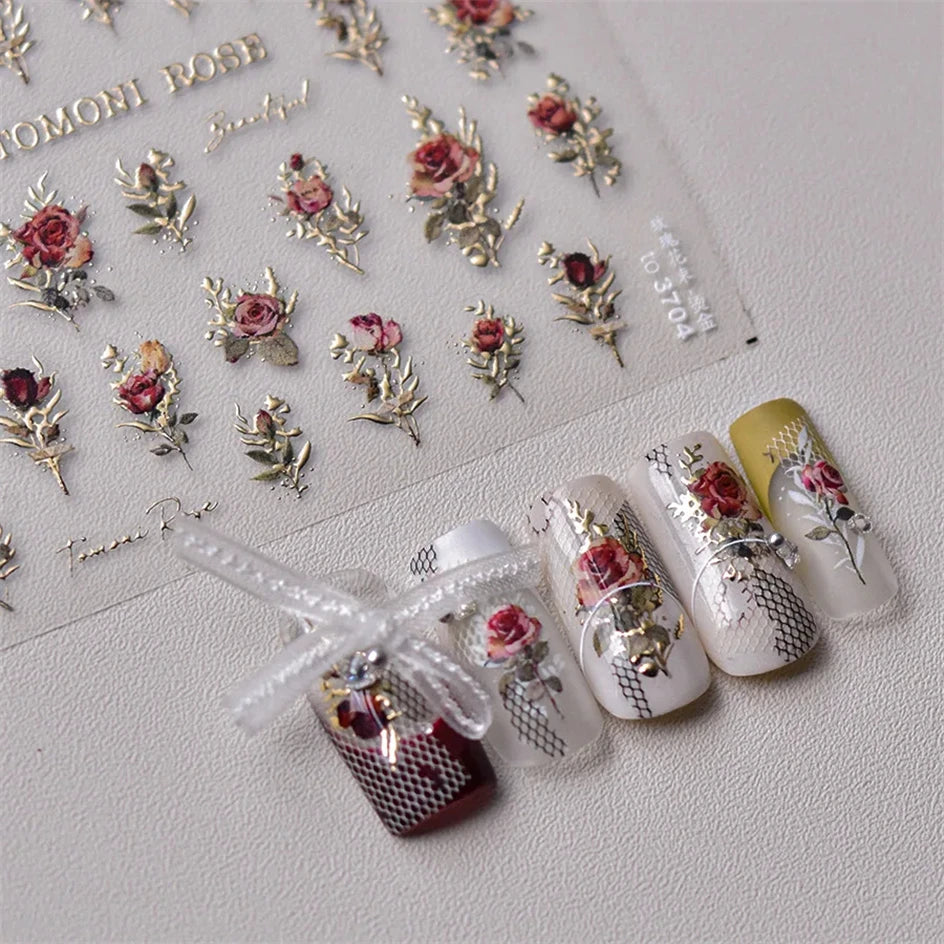 Vintage Rose Flower Nail Stickers – Red & Blue Laser Gold/Silver Nail Art Decals for Manicure Design DIY Beauty Tool