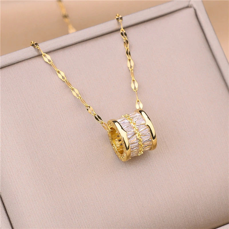 3 Color Lucky Beads Pendant Necklace – Stainless Steel & Sparkly Zircon Jewelry for Women