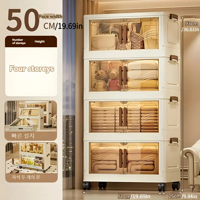 Foldable Multi-Layer Storage Box with Wheels — Plastic Cabinet for Clothes, Books & Kitchen Organization