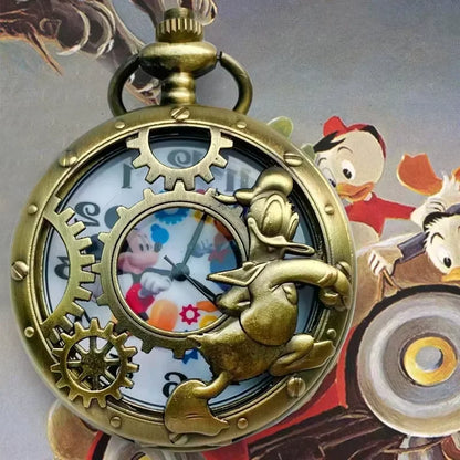 Disney Mickey Mouse Pocket Watch – Vintage Cartoon Quartz Clock with Roman Numerals & Chain Pendant Necklace for Men & Women