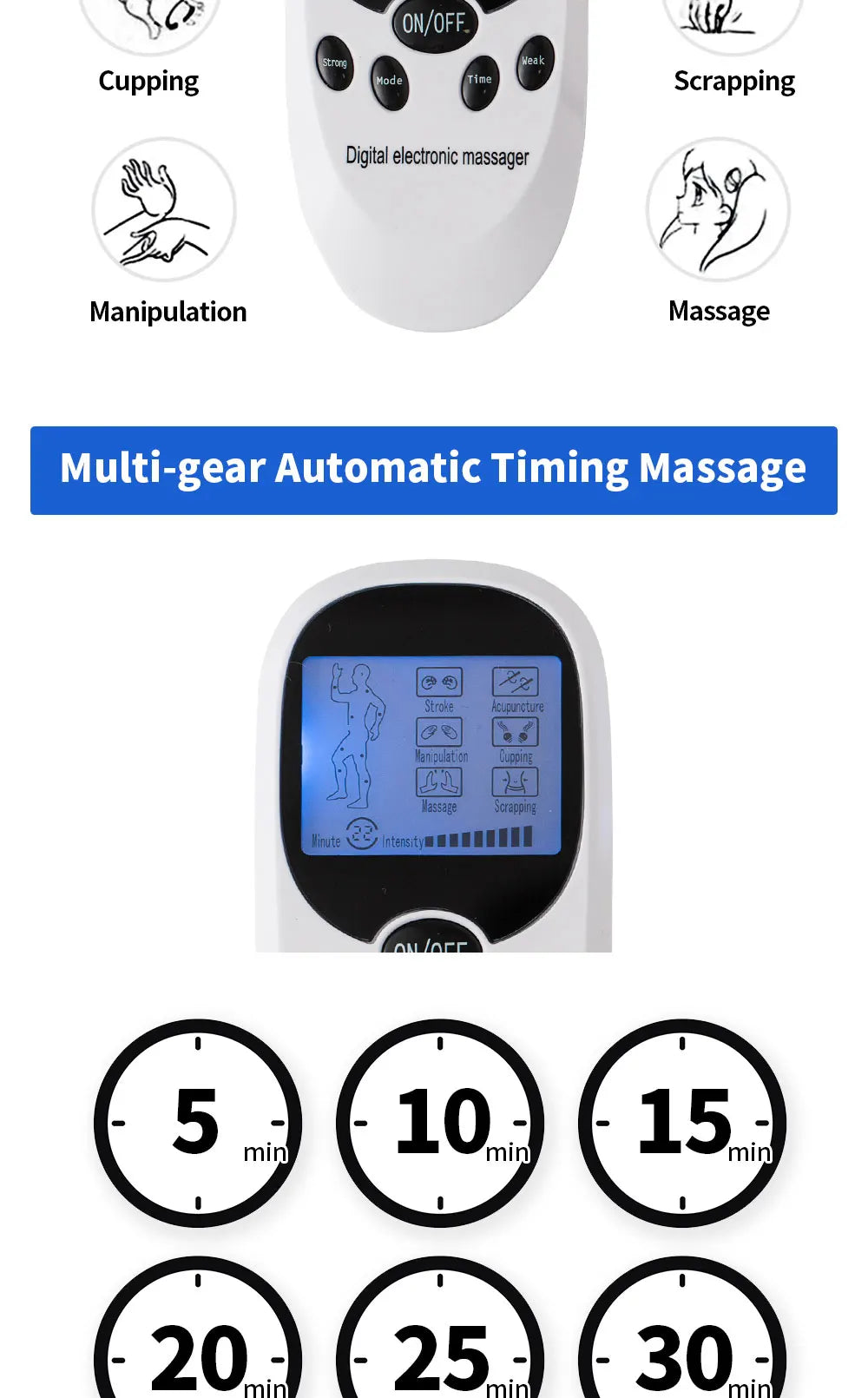 Digital TENS EMS Massager — Electric Pulse Muscle Stimulator with Electrode Pads for Back and Neck, Home Use