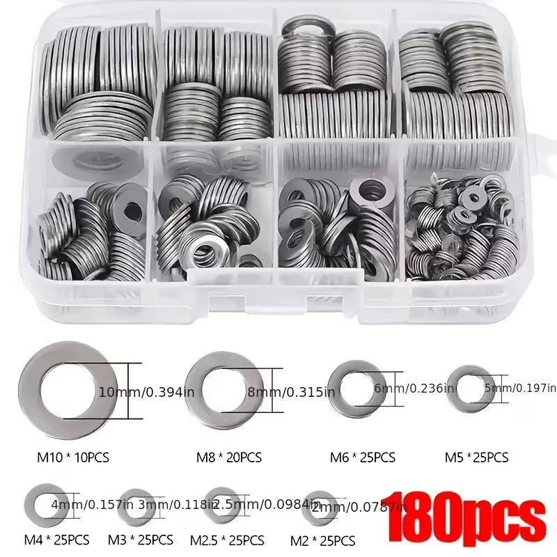 Stainless Steel Flat Washer Assortment Kit - M2 to M10 Washers for Home, DIY & Factory Repairs