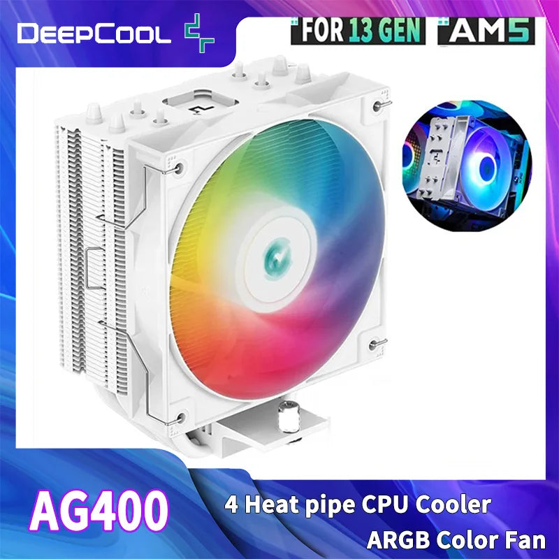 DEEPCOOL AG400 CPU Air Cooler — 4 Heat Pipe ARGB PWM Radiator, 220W TDP for Intel LGA1700/1200/115X/1151/1155 & AMD AM4/AM5