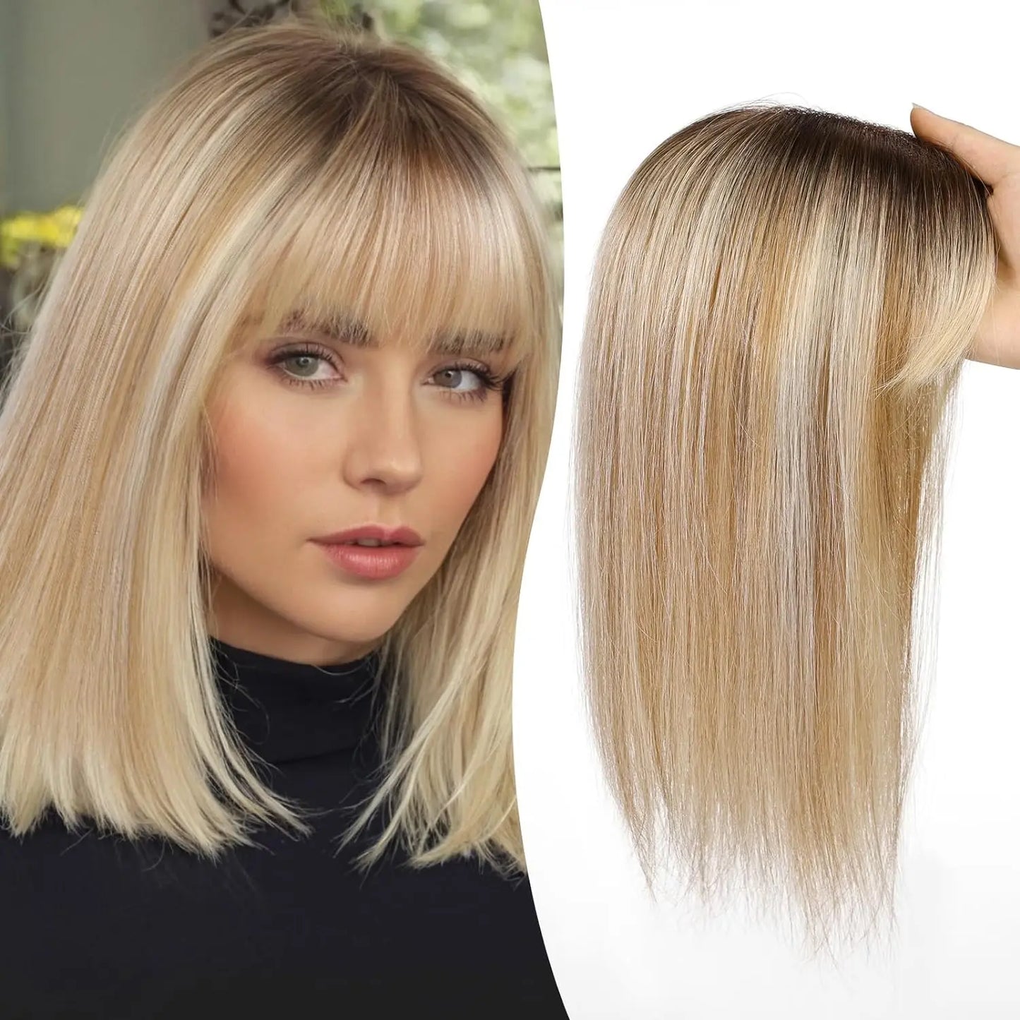 12 Inch Real Human Hair Topper with Bangs – Ombre Light Brown Silk Lace Base, 3-Clip Hair Extension for Women