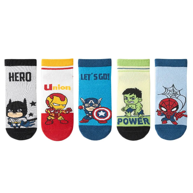 5 Pairs Spiderman Cotton Socks for Kids – Iron Man, Hulk, Thor Anime Boys Short Socks, Cartoon Baby Spring & Summer Footwear