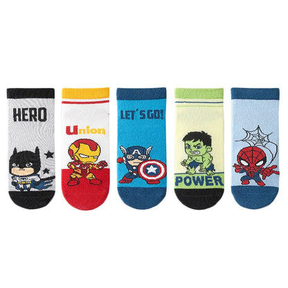 5 Pairs Spiderman Cotton Socks for Kids – Iron Man, Hulk, Thor Anime Boys Short Socks, Cartoon Baby Spring & Summer Footwear