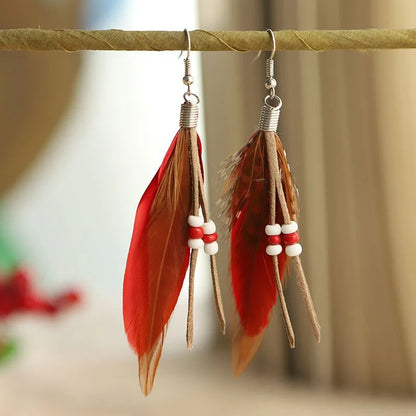 Red Feather Tassel Earrings - Bohemian Beaded Fashion Jewelry Accessories for Women