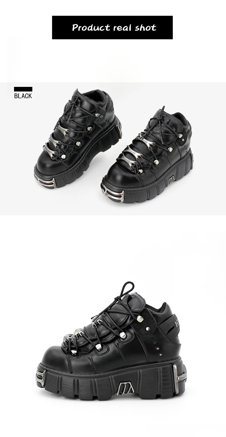 New 2024 Punk Style Women's Platform Shoes – 6CM Lace-Up Rock Boots with Metal Decor
