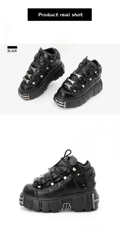 New 2024 Punk Style Women's Platform Shoes – 6CM Lace-Up Rock Boots with Metal Decor