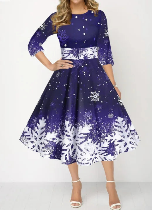 Women’s Winter Christmas Dress – Vintage Swing Robe with Half Sleeves, Elegant Casual Print Party Dress