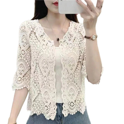 Women's Knit Lace Shrug – Hollow Crochet Floral 3/4 Sleeve Open Front Crop Cardigan F3MD