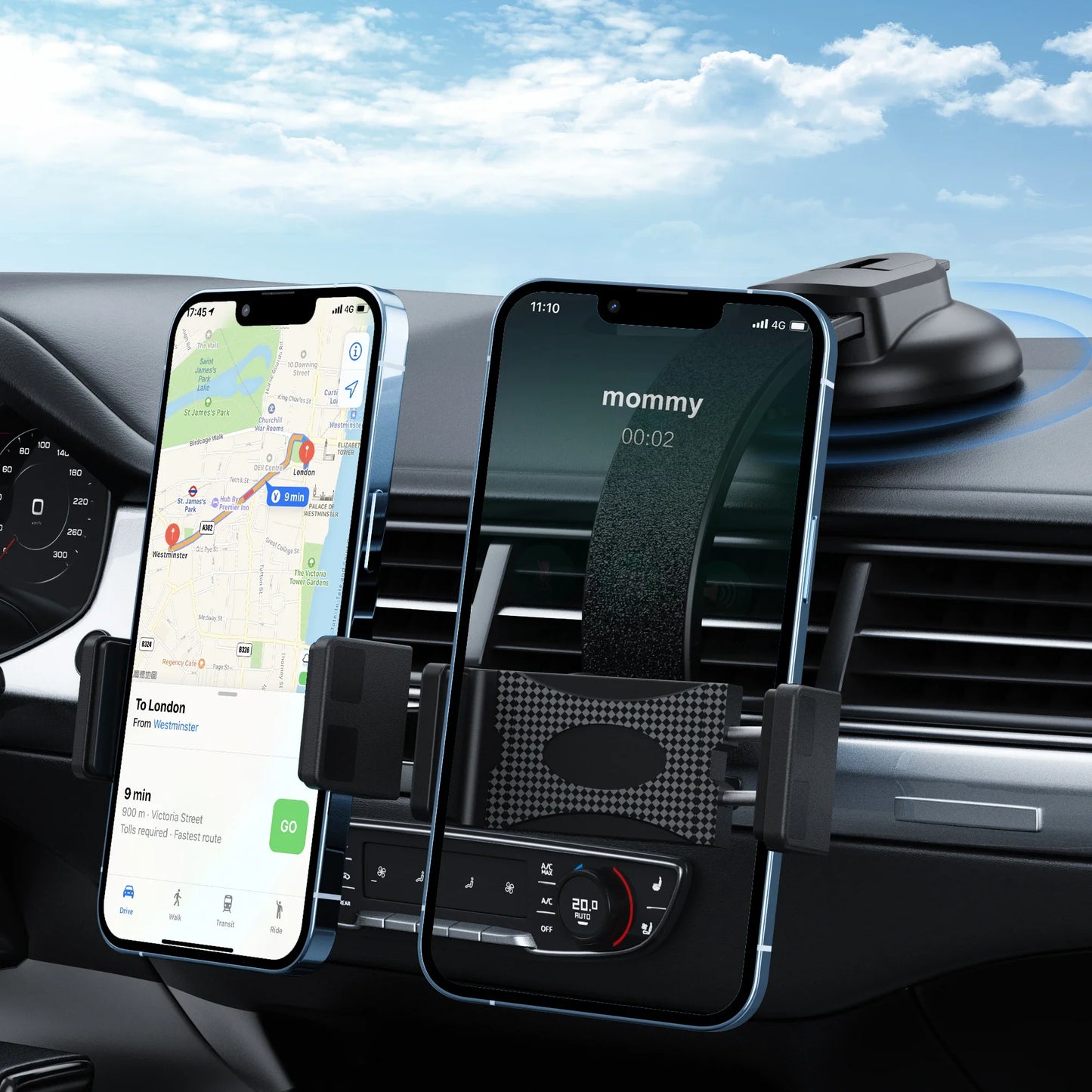 Dual Car Phone Holder – Bendable Memory Neck, 360° Rotatable Adjustable Dash Mount for Cell Phones