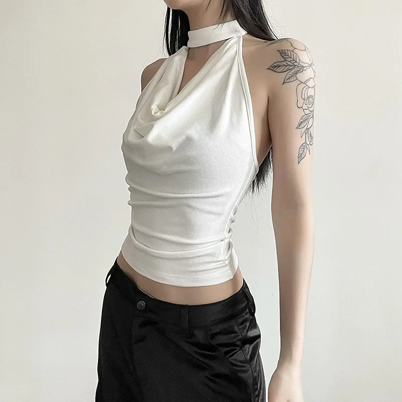 Women’s Solid Color Halter Vest – Casual, Sexy, All-Match Summer Top for Travel & High Street Style