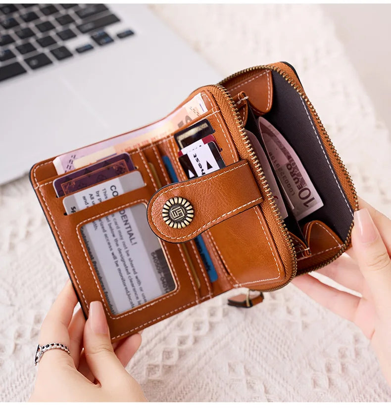 Retro Hollow-Out Short Purse for Women – Multi-Card Zipper Wallet, European & American Fashion Design
