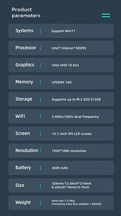 FIREBAT A14 Laptop — 14.1" FHD | Intel N5095 | 16GB LPDDR4 RAM | 512GB/1TB SSD | Lightweight Business Notebook with Fingerprint Unlock