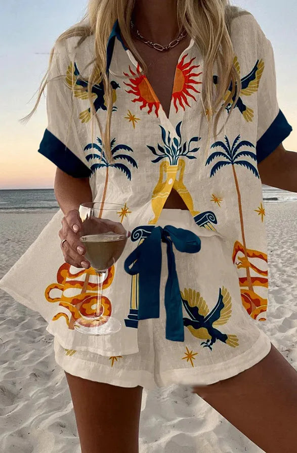 Women’s Summer 2-Piece Set – Lapel Short-Sleeve Shirt & Shorts, Elegant Loose Printed Outfit