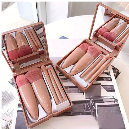 5Pcs Portable Makeup Brush Set - Foldable Travel Kit with Mirror Mini Cosmetic Brushes for Beauty On The Go