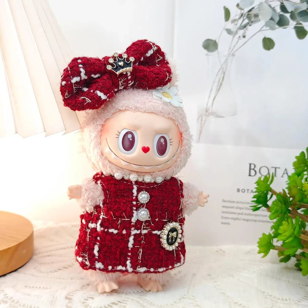 Labubu Doll Clothes Outfit — Black & White Plaid Dress Set | Mini Doll Clothing Accessories | DIY Girl Gift