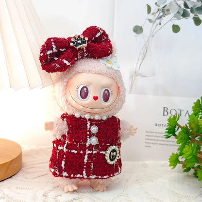 Labubu Doll Clothes Outfit — Black & White Plaid Dress Set | Mini Doll Clothing Accessories | DIY Girl Gift