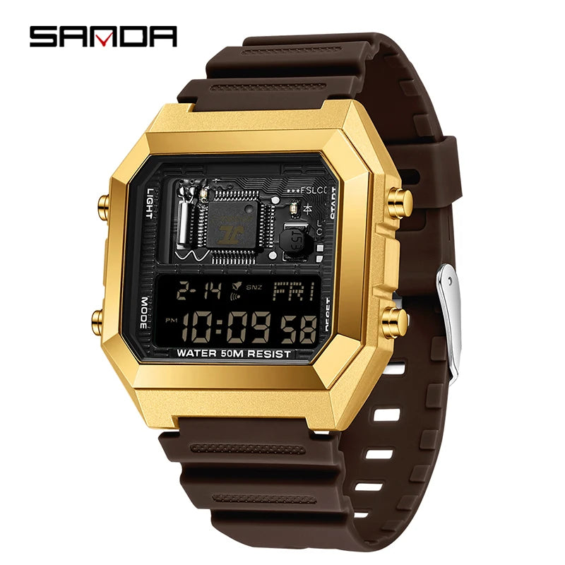 SANDA 6216 Men's Digital Sport Watch - Square LED Display, Waterproof Alarm & Stopwatch