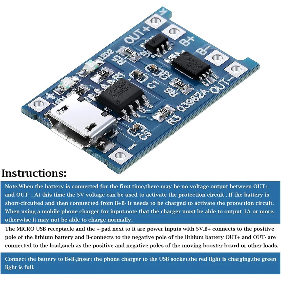 10PCS 5V 1A 18650 Lithium Battery Charging Board - TP4056 Mini/Micro USB Type-C Module with Protection