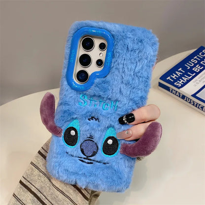 Cute Cartoon Stitch Plush Phone Case with Lens Holder – Shockproof Cover for Samsung Galaxy S23/S24/S25 Plus Ultra A56